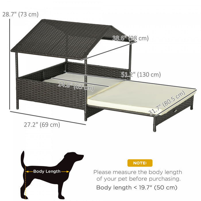 Pawhut Elevated Rattan Dog House Outdoor With Canopy, Extendable Wicker Dog Bed With Water-resistant Cushion, For Small And Medium Dogs Cream White