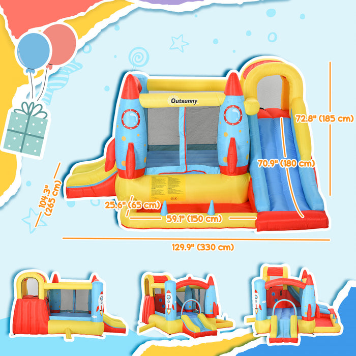 Outsunny Bouncy Castles For Kids Inflatable Water Slide Trampoline, 4 In 1 Bounce House With 450w Air Blower For Kids Age 3-8 Rocket Design 10.8' X 8.7' X 6.1'