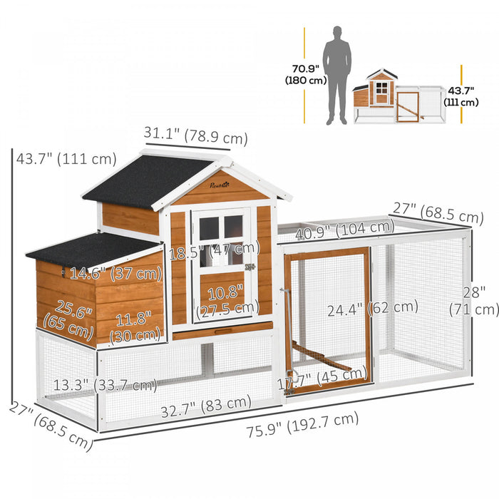 Pawhut Chicken Coop, 76\"L Weatherproof Wooden Chicken Run with Nesting Box, Tray, Ramp and Perches, Poultry Cage for Outdoor, Backyard, for 2–4 Hens, Rabbits, Ducks, Orange