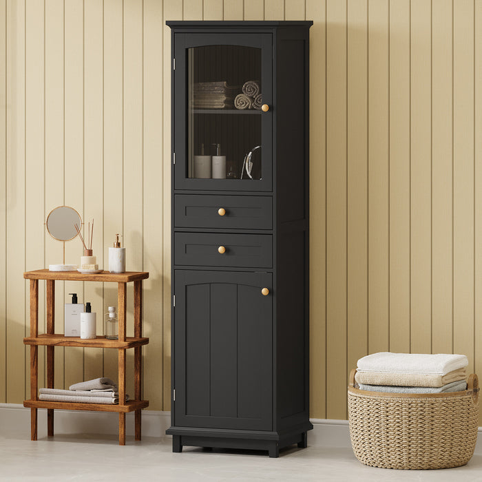 Jamie 63\" Pine Wood Tall Bathroom Storage Cabinet With Adjustable Shelves And Glass Doors - Green