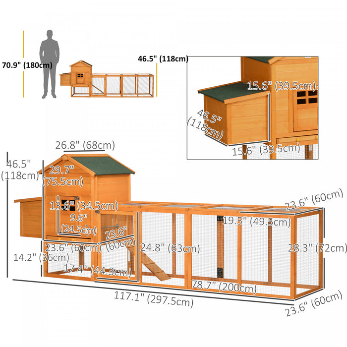 Pawhut 117\" Chicken Coop, Wooden Rabbit Hutch With Chicken Run, Slide-out Tray, Asphalt Roof, Nesting Box - Orange
