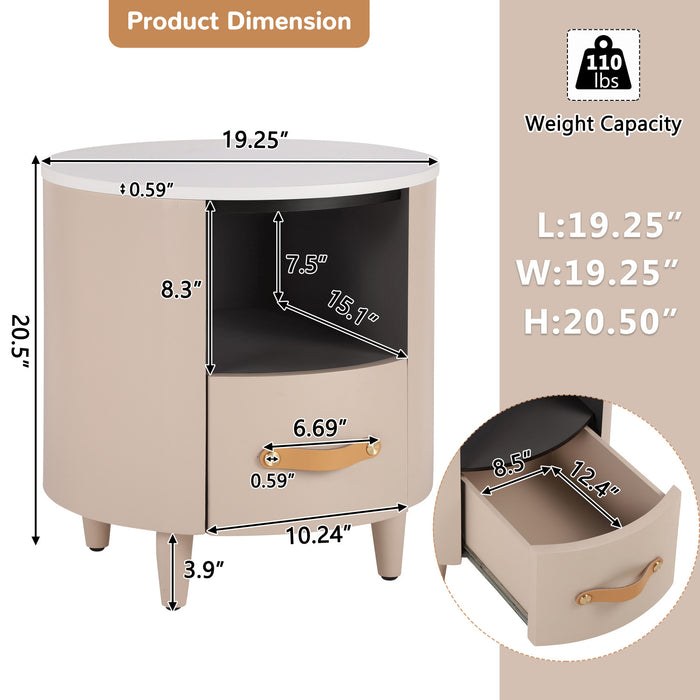 Olivia Modern Curved Design Round Nightstand with Storage Drawer,Haiki