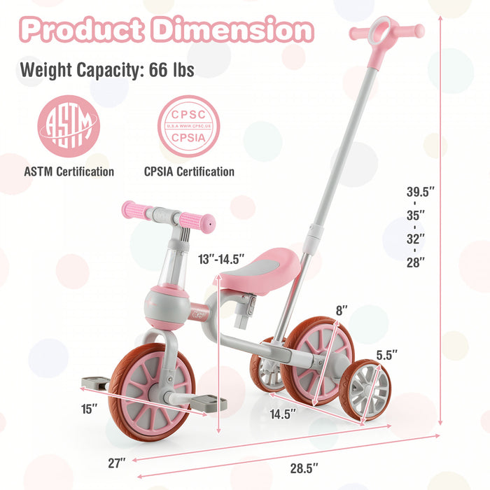 Costway 4 In 1 Kids Tricycles With Push Handle & Training Wheels Baby Balance Bike Pink