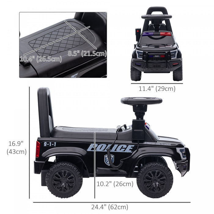 Aosom Kids Ride On Sliding Car With Hidden Under Seat Storage, Ride On Police Car For Toddler With Megaphone, Anti Dumping Device, Removable Backrest, Foot-to-floor Design, Black