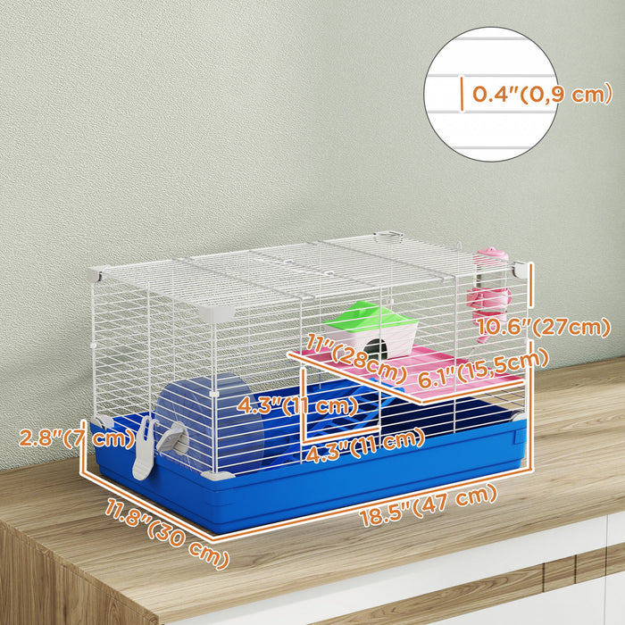 PawHut 18.5\" Hamster Cage with Exercise Wheel and Water Bottle Dish, Rat House and Habitats 2 Storey Design, Blue