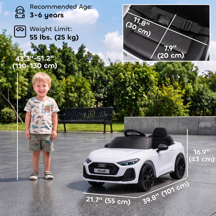 Qaba 12V Ride on Car Audi A5L Licensed Electric Car for Kids with Remote Control, Dual Motors, 4-Wheel Suspension, Soft Start, 2 Doors, LED Lights, Music, USB for 3-6 Years, White