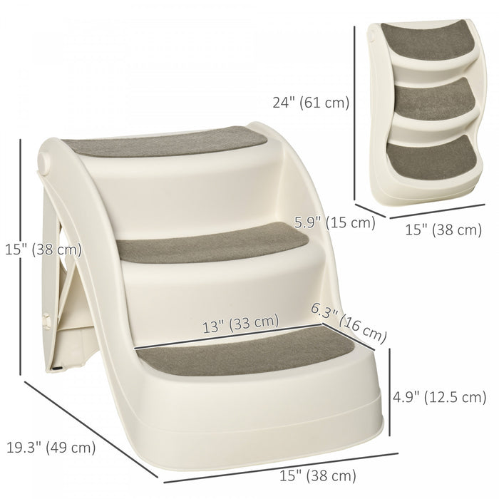 Pawhut Portable Pet Stairs Foldable Steps For Small Dogs And Cats 3-step With Non-slip Treads For Beds Sofas, Cream