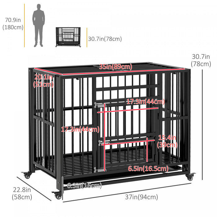 Pawhut 37\" Heavy Duty Dog Crate With Wheels For Small And Medium Dogs, Folding Dog Cage With Double Doors, Two Prevent Escape Locks, Removable Tray, Openable Top, Black