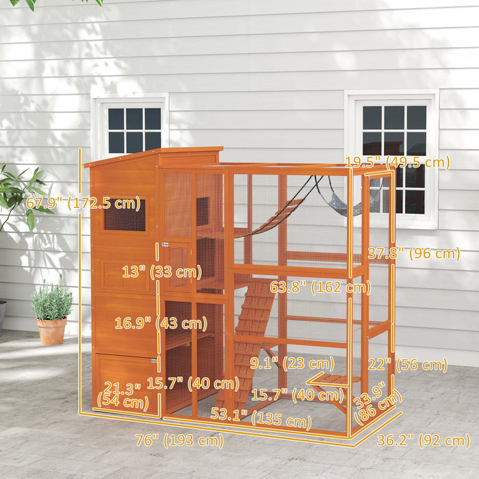 Pawhut Catio Outdoor Cat Enclosure, 76\" L Large Weatherproof Cat House With Cat Condo, Jumping Platforms, Ladder, Ramps, Hammock For 2-3 Indoor Cats, Orange