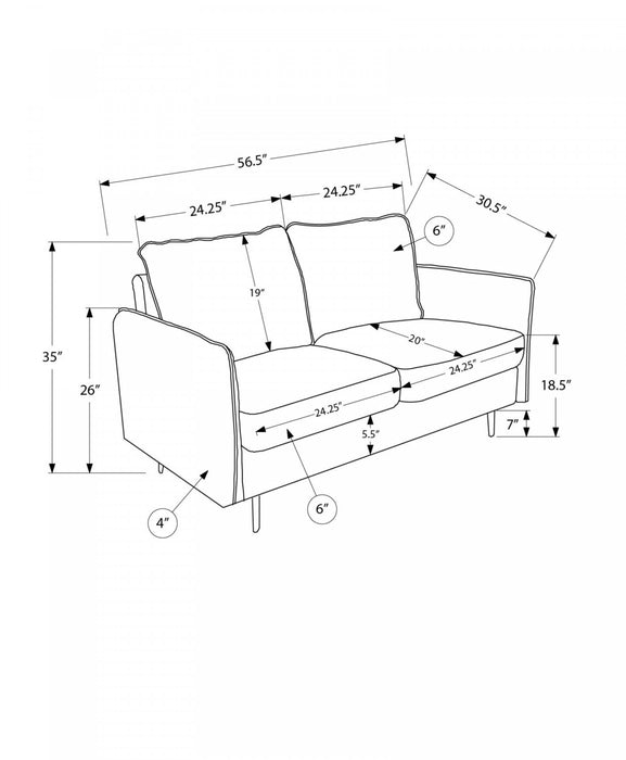 Upholstered Love Seat, 58\" L, Dark Grey Fabric, Black Metal Legs Loveseat