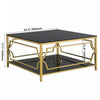 Gleam 33.5 Inch Square Tempered Glass Coffee Table with Geometric Gold Frame and Lower Shelf, Black | Gleam Table Basse Carree en Verre Trempe 33.5 po avec Cadre Geometrique Dore et Etagere Inferieure, Noir