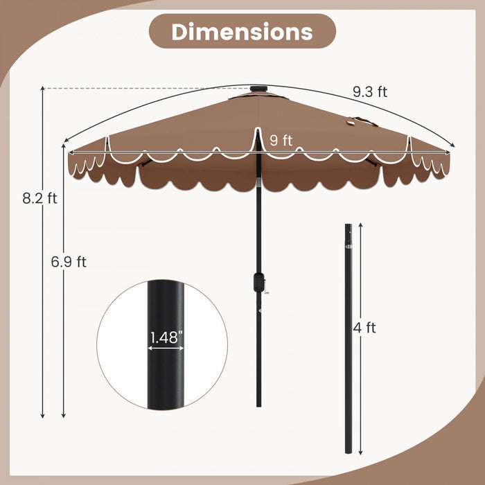 Costway 9.3 FT Solar Patio Umbrella Outdoor Market Sunshade with 24 LED Lights Ruffles Brown
