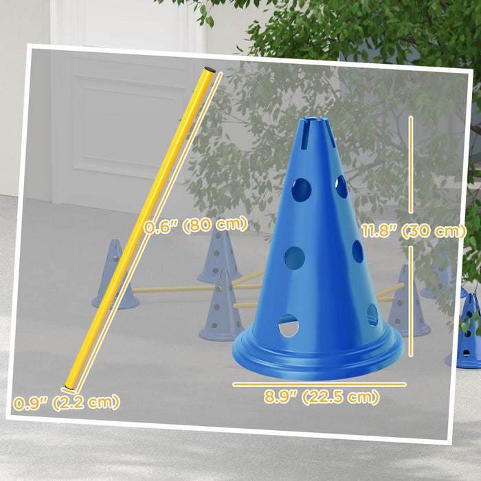 PawHut Dog Agility Hurdle Cone Set, Adjustable Obstacle Course Equipment with 8 Cones & 8 Poles, Portable Canine Agility Training Set with Carry Bag, Blue