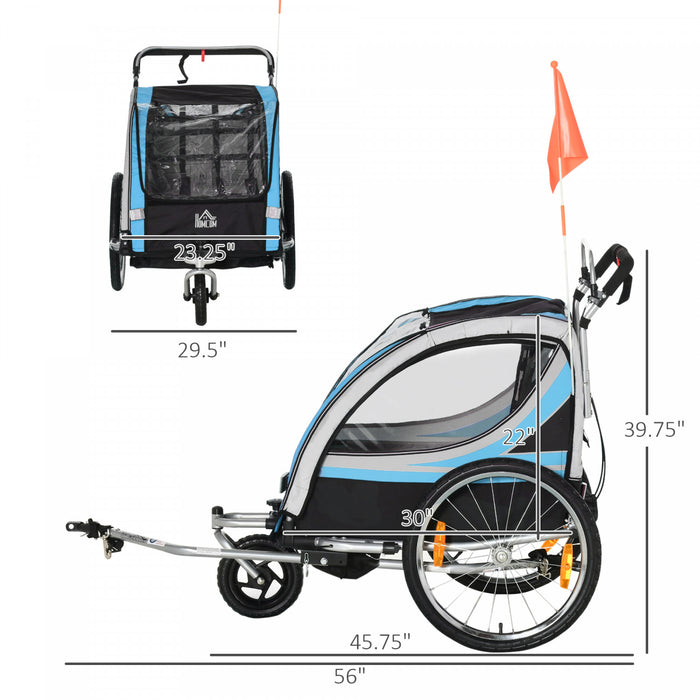 Aosom 2-in-1 Bike Trailer For Kids 2 Seater, Baby Stroller With Brake, Storage Bag, Safety Flag, Reflectors & 5 Point Harness, Blue