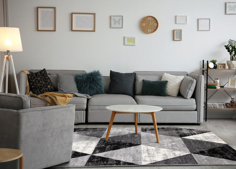 Covington Black White Grey Distressed Geometric Triangle Rug, 7'10\" x 10'6\" Indoor Area Rug