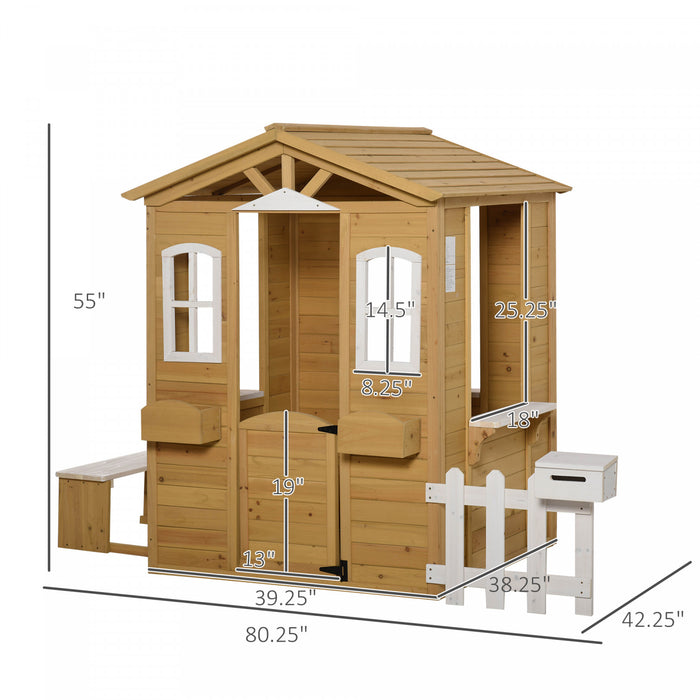 Outsunny Playhouse For Kids Outdoor With Door Windows Mailbox Flower Pot Holder Serving Station Bench Natural