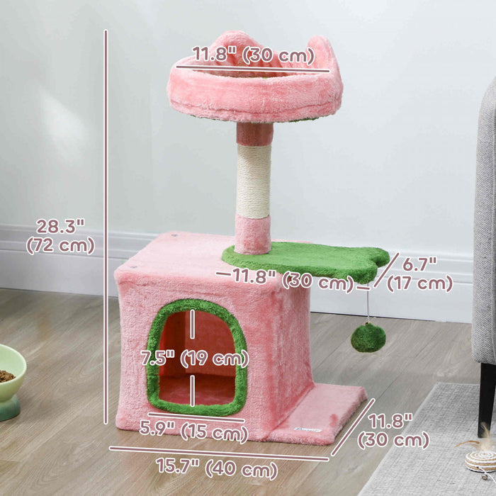 PawHut Cat Tree, 28\" Cat Tower for Indoor Kittens with Plush Top Bed, Cozy Condo, Sisal Scratching Post, Perch, Dangling Ball, Pink and Green