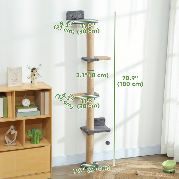 Pawhut Cat Wall Shelves, Cat Wall Furniture With 4 Perch Platforms, Jute Scratching Post And Toy Ball For Indoor Sleeping, Playing, Climbing, Dark Grey