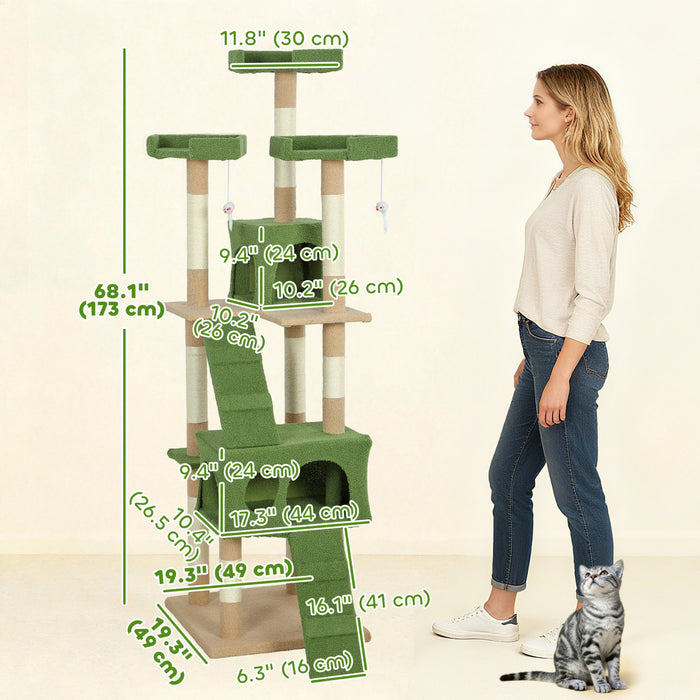 PawHut 68 inches Cat Tree, Multi-Level Large Cat Tower Condo with Scratching Posts, Perches, Cat Houses, Dangling Toy, Green