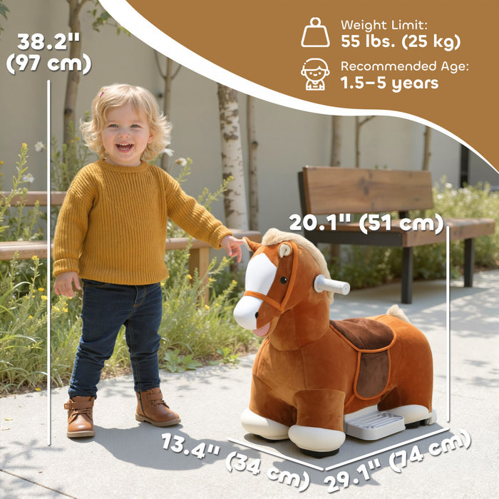 Qaba 6V Ride on Toy Horse, Battery Powered Kids Electric Ride on Horse with Music, Soft Touch, Silent PU Wheels, Forward, Riding Toy Gift for Boys Girls 1.5-5 Years Old, Dark Brown