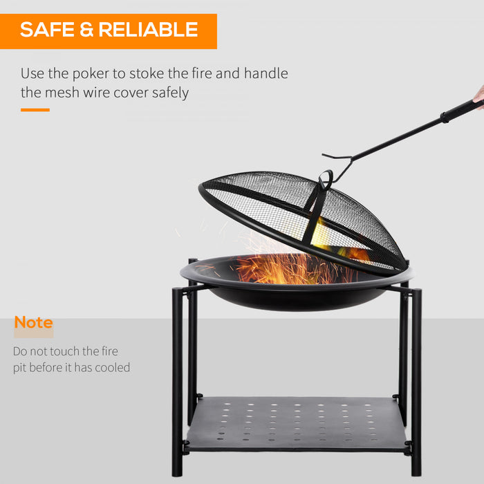 Outsunny 74cm Outdoor Fire Pit With Screen Cover And Storage Shelf, Wood Burning Fire Bowl With Poker For Patio, Backyard, Black