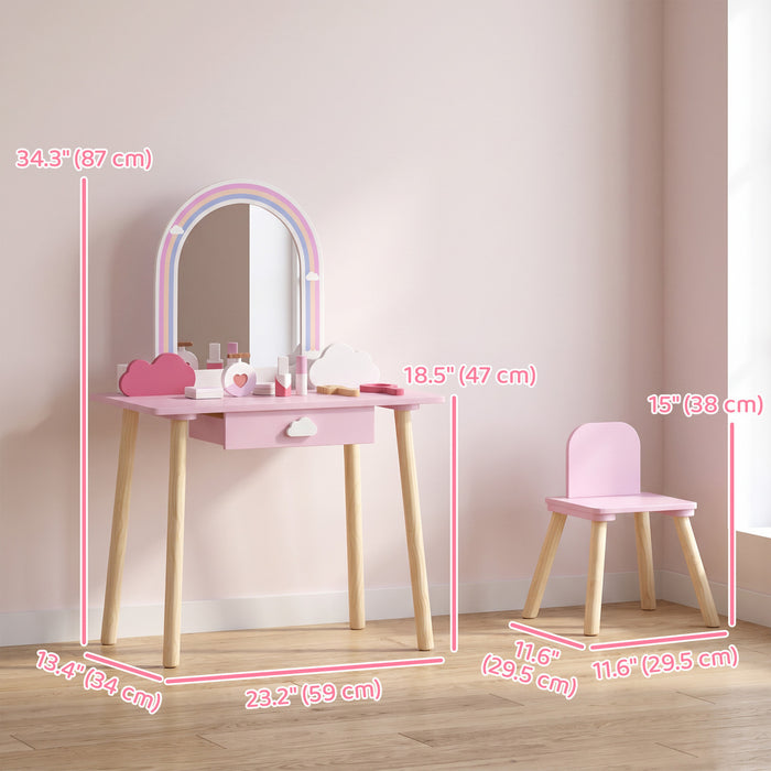 Qaba Kids Vanity Set, Makeup Vanity Table with Mirror and Stool, Storage Drawer, 7-Piece Accessories, Cloud-Design Pretend Makeup Toy for Girls 3-6 Years, Pink