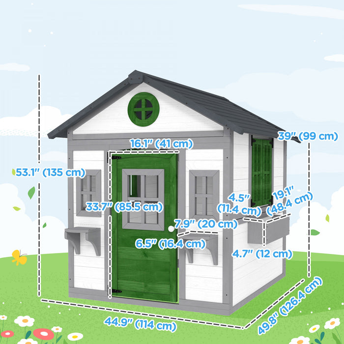 Outsunny Kids Outdoor Playhouse, Wooden Toddlers Large Pretend Play Equipment or Chicken Coop with Door, Windows, Planter Pots for Indoor Playroom, Gift Toys for 3-8 Years, White