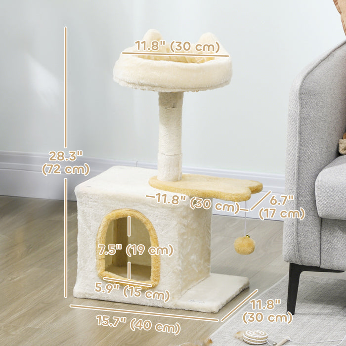 PawHut Cat Tree, 28\" Cat Tower for Indoor Kittens with Plush Top Bed, Cozy Condo, Sisal Scratching Post, Perch, Dangling Ball, Beige and Yellow
