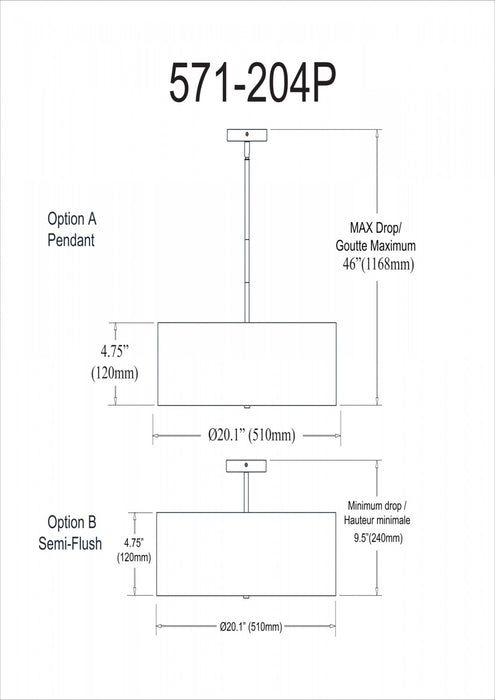 Dainolite Everly 4 Light Pendant Satin Chrome Finish White Shade Lamp
