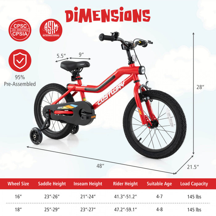 Costway 16\" Led Lighted Kids Bike With Adjustable Seat Coaster Brake Training Wheels Red