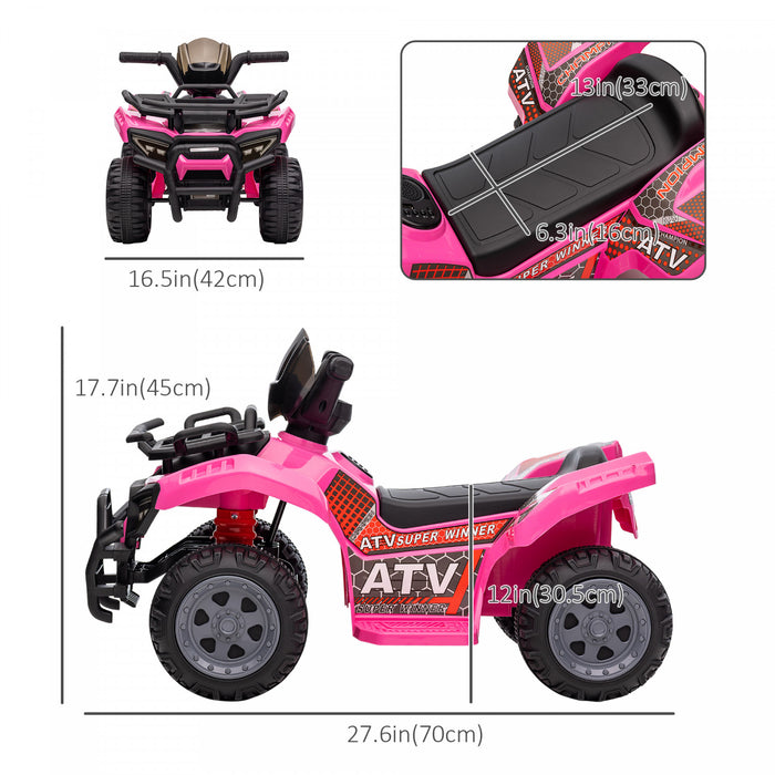 Aosom Kids Powered Ride-On Atv Quad Bike Four Wheeler Car With Music, 6v Battery Powered Motorcycle For 18-36 Months, Pink