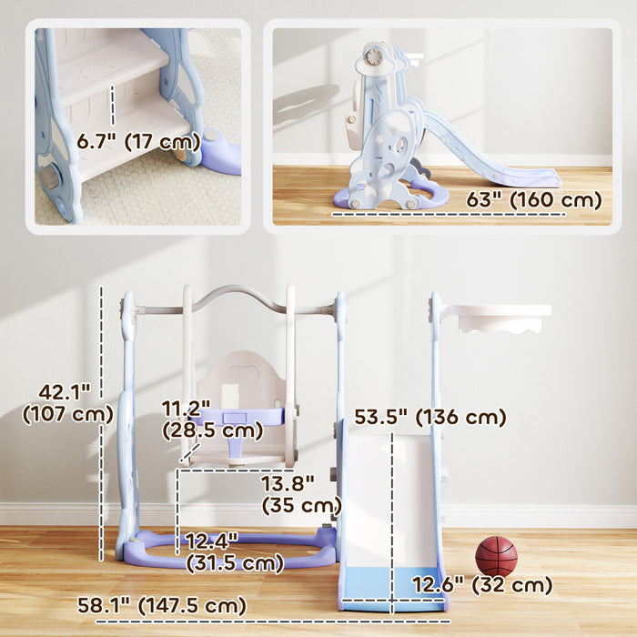 Qaba 4-in-1 Toddler Slide, Baby Kids Indoor Slide and Swing Set with Basketball Hoop, Climber, Indoor Playground for Ages 1.5-4 Boys Girls Toddler, Rocket Themed, Light Blue