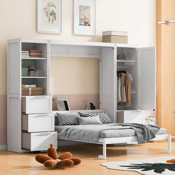 Angela Engineered Wood Murphy Wall Bed With Drawers And Shelves, Queen Size, White