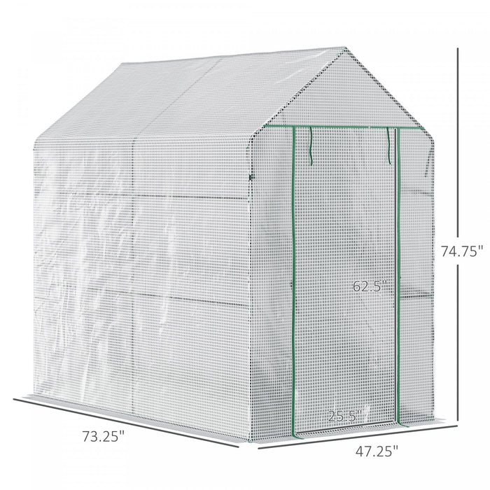 Outsunny 73\" X 47\" X 75\" Walk-in Greenhouse Outdoor Portable Plant Flower Growth Warm House Garden Tunnel Shed With Roll-up Door And 4 Shelves, White