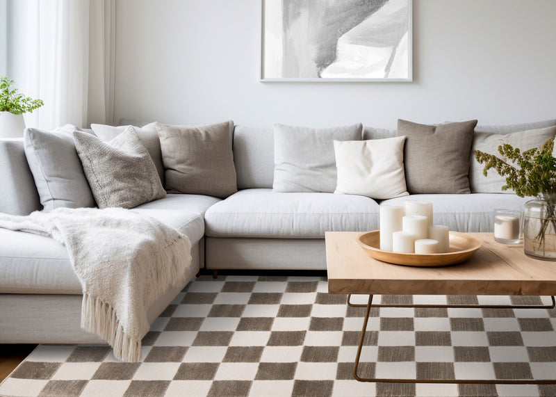 Leopold Checkered Brown White Geometric Area Rug - 6'7\" x 9'6\"