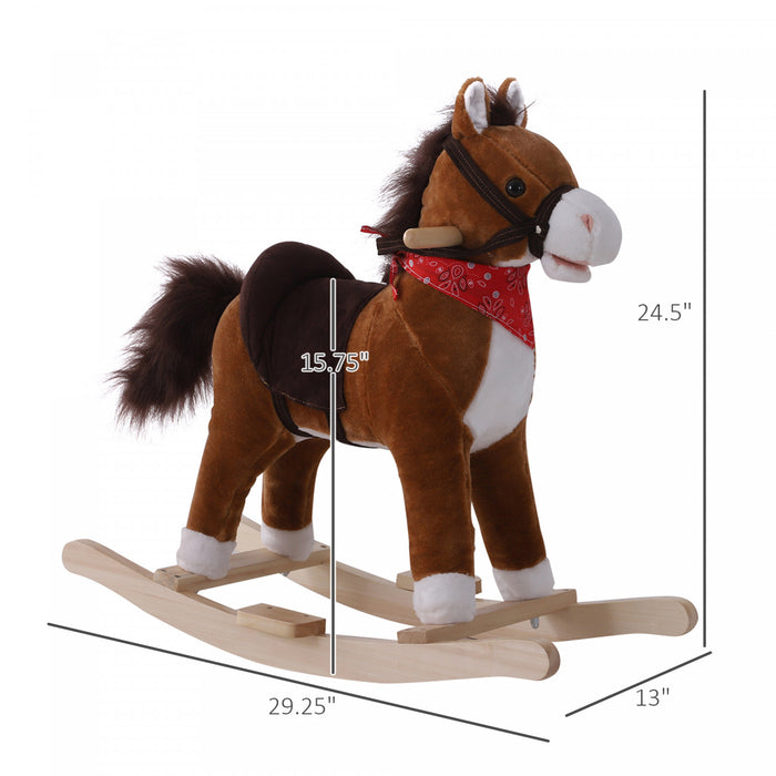 Qaba Kids Plush Ride On Rocking Horse Child Animal Adventure Rocker Chair Playtime Toy With Sound Scarf Included Red Brown