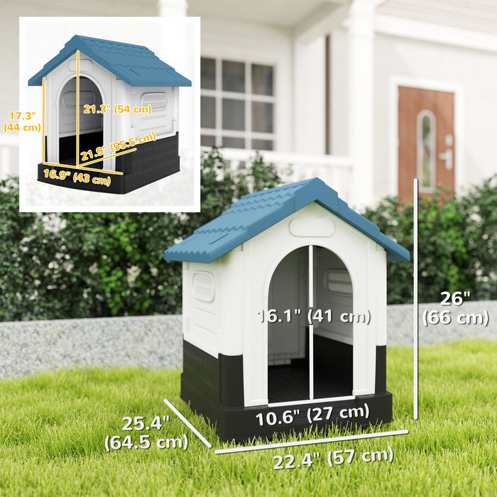 PawHut Outdoor Dog House, Plastic Dog Kennel, Water-Resistant Pet Shelter with Windows, Base Support for Garden Patio, Miniature Dogs, 64.5 x 57 x 66cm - Blue