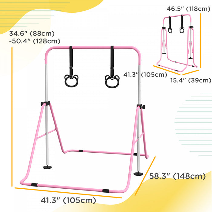 Qaba Gymnastics Bar For Kids, 35\"-50\" Adjustable Height Foldable Horizontal Bar With Gymnastics Rings, Non-slip Rubber Floor Rings, For Home Training Equipment, Pink