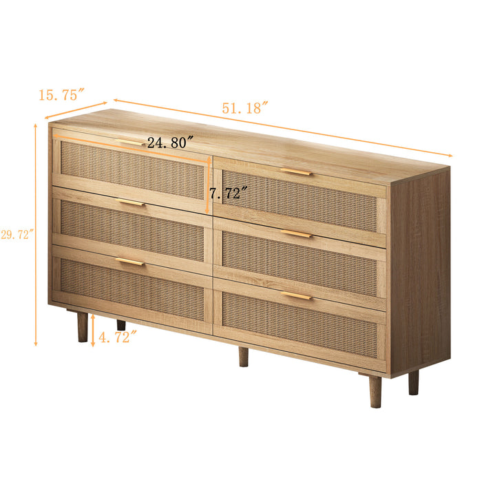 51.18\" Mila Modern 6 Drawer Rattan Storage Cabinet with Engineered Wood Frame - Natural