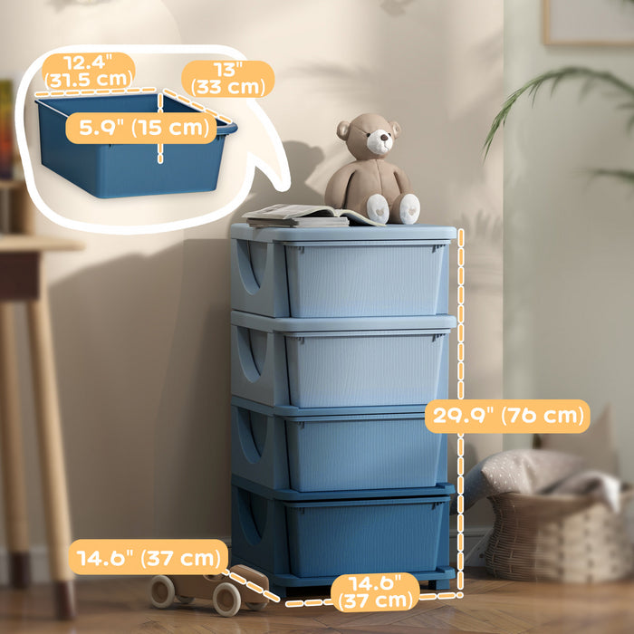Qaba Kids Toy Storage Organizer With 4 Plastic Bins, 4 Tier Drawer Chest Utility For Kids Bedroom Nursery Kindergarten Living Room For Boys Girls Toddlers, Blue
