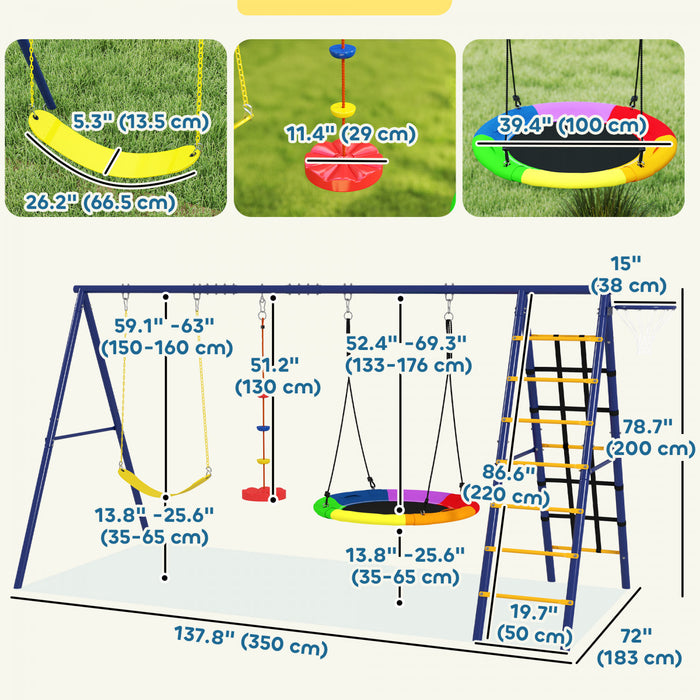 Qaba Swing Set for Backyard, 6 in 1 Heavy Duty Large Metal Swing Set with A-Frame, Belt Swing, Saucer Swing, Disc Rope Swing, Climbing Ladder, Basketball Hoop and Net