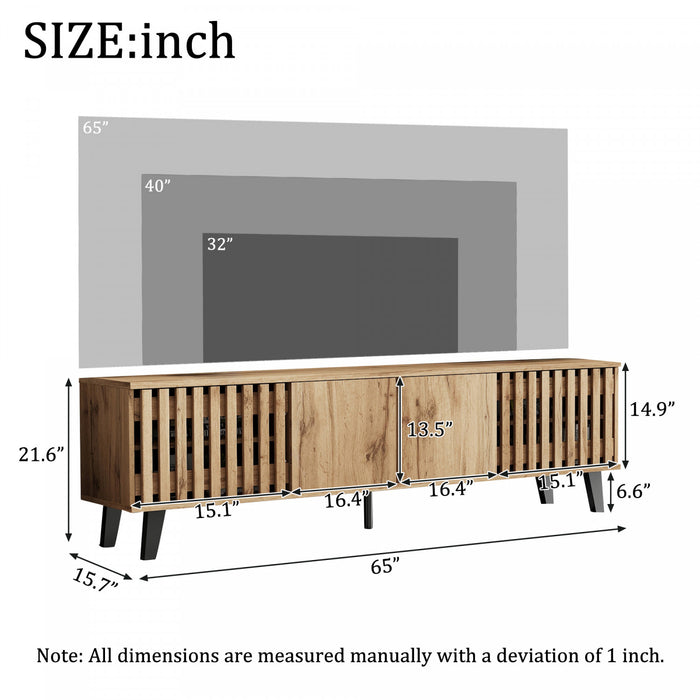 Zara 65 Inch Mid-Century TV Stand with Fluted Doors and Adjustable Shelves, Natural