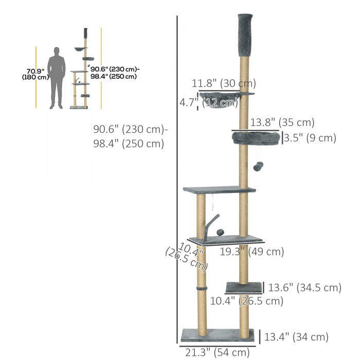 Pawhut floor To Ceiling Cat Tree, 90.5\" - 98.5\" Adjustable height Cat Tower with Scratching Post, Dangling Balls, Platforms, Bed, Hammock, Grey