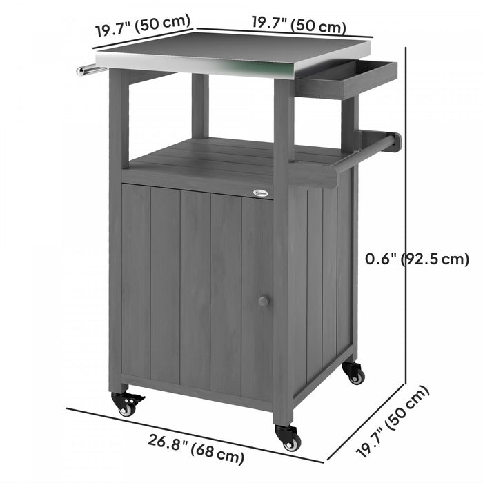Outsunny Grill Table with Stainless Steel Top, Pizza Oven Table with Storage Cabinet, Spice Rack, Outdoor Kitchen Island with Wheels, Handle, Dark Grey