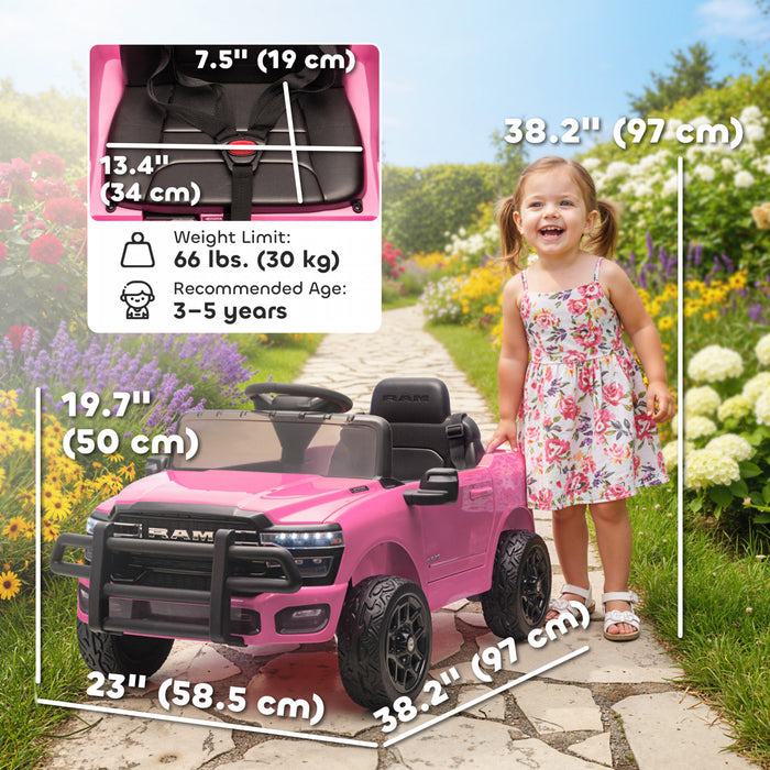 Qaba 12V Kids Car, Electric Ride on Vehicle Licensed Dodge RAM 3500 Battery Powered with Remote Control, Rear Suspension, Bluetooth, Power Display and LED Light for 3-5 Years, Pink