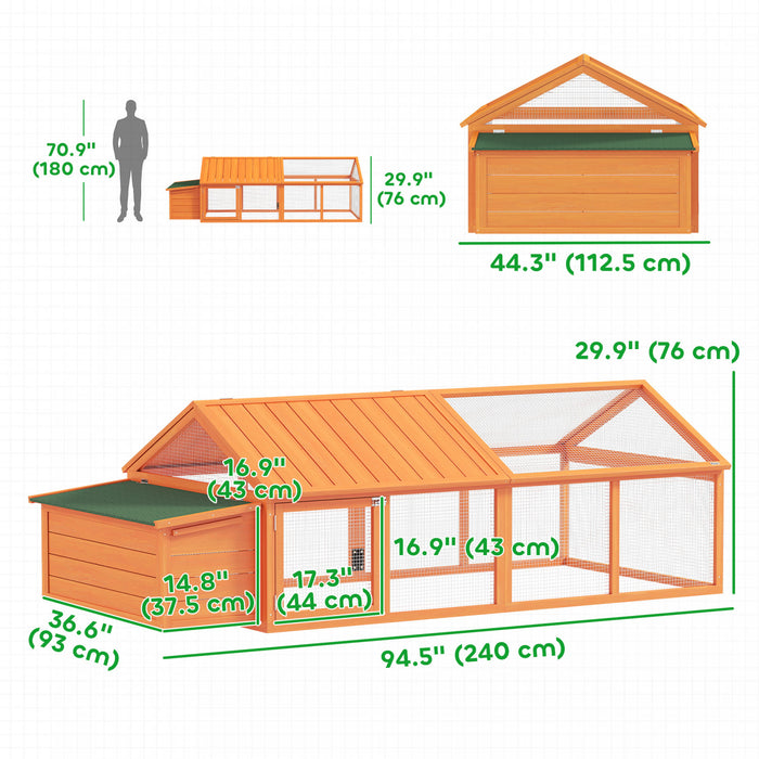 Pawhut 95\"L Large Chicken Run, Wooden Chicken Coop with Nesting Box, Lift-up Top, Side Door and Wooden Roof, Poultry Cage for Outdoor, for 4-8 Chickens, Rabbits, Ducks, Orange