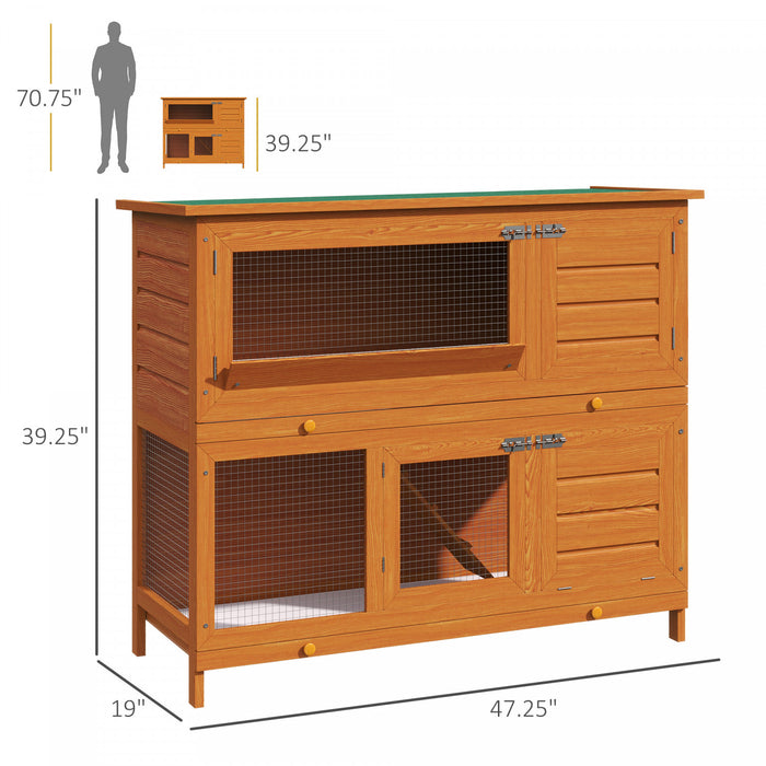 Pawhut 2 Tier Elevated Wooden Rabbit Hutch Bunny House Small Animal Cage 47\"l X 19\"w X 39\"h W/ Sliding-out Tray