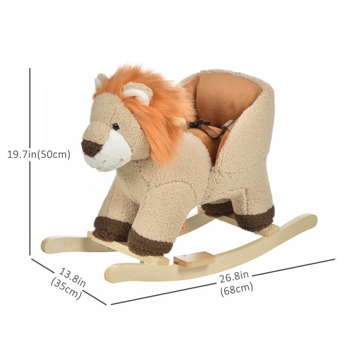Qaba Baby Rocking Horse Lion Design Plush Stuffed Rocking Chair, Wooden Rocking Horse With Sound, Seat Belt For 18-36 Months Boys And Girls Gift, Brown