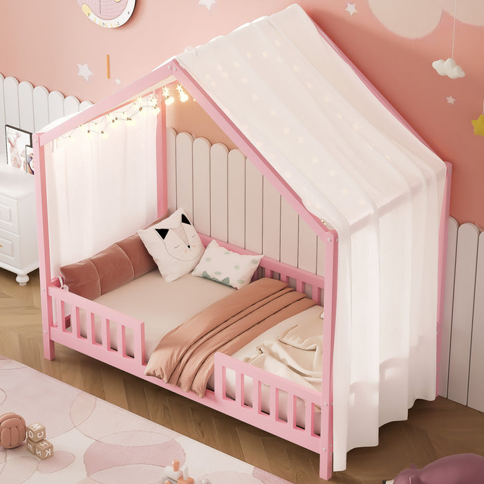 Paul Montessori Floor Bed with Canopy and High Railings,Twin Size，Pink Twin Bed