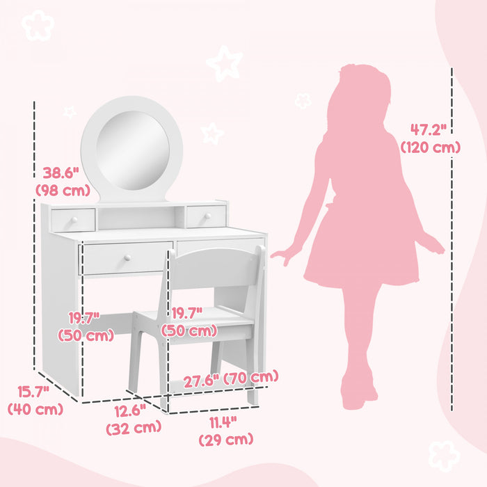 Qaba Kids Vanity Set, Children Dressing Table With Mirror, Kids Makeup Table With Stool And Storage Drawers, For Ages 3-8, White